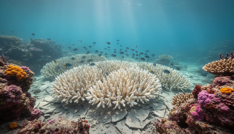 Bleached coral reef underwater with pale coral and small fish near the reef edge