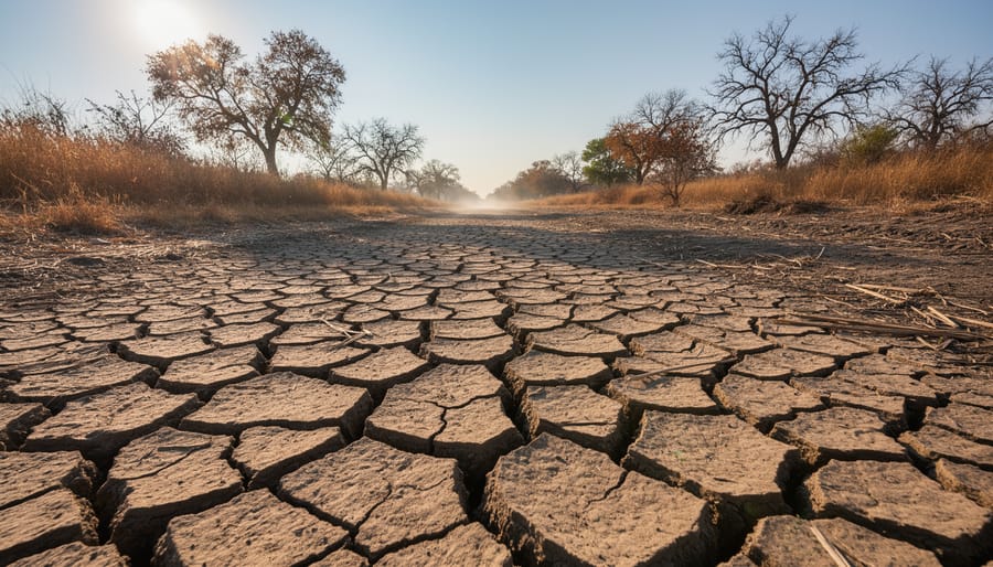 Cracked dry riverbed with stranded fish and wilting reeds under harsh sunlight