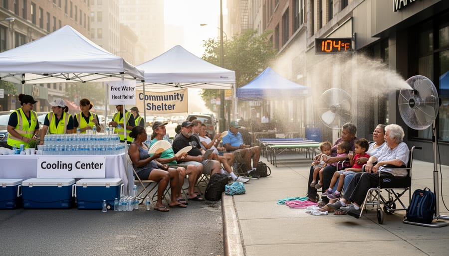 Water bottles and portable fan beside a shaded cooling station during an extreme heat event