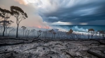 Smoke and flames glow over a charred landscape beneath a stormy sky, suggesting climate-driven wildfire and extreme weather conditions.
