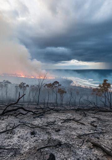 Smoke and flames glow over a charred landscape beneath a stormy sky, suggesting climate-driven wildfire and extreme weather conditions.
