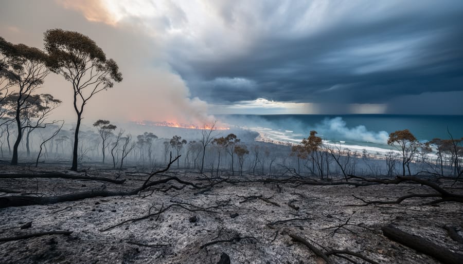 Smoke and flames glow over a charred landscape beneath a stormy sky, suggesting climate-driven wildfire and extreme weather conditions.