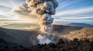 A realistic view from the ground of a volcano erupting with a large ash plume spreading through the atmosphere under golden and cloudy light.