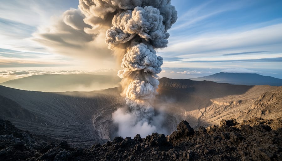 A realistic view from the ground of a volcano erupting with a large ash plume spreading through the atmosphere under golden and cloudy light.