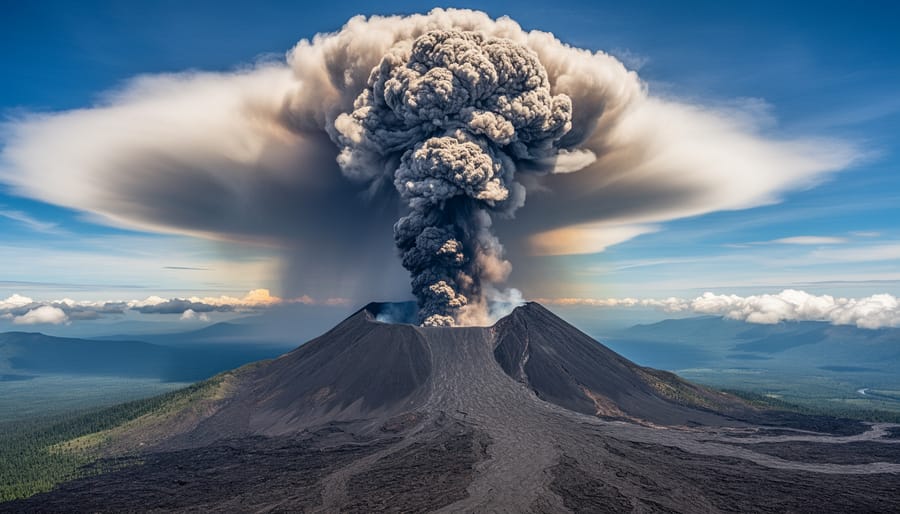 Wide view looking up at a volcanic eruption with a tall plume rising into the sky