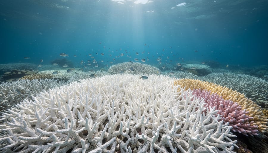 Underwater photo of a bleached coral reef with pale coral heads and limited remaining healthy patches.