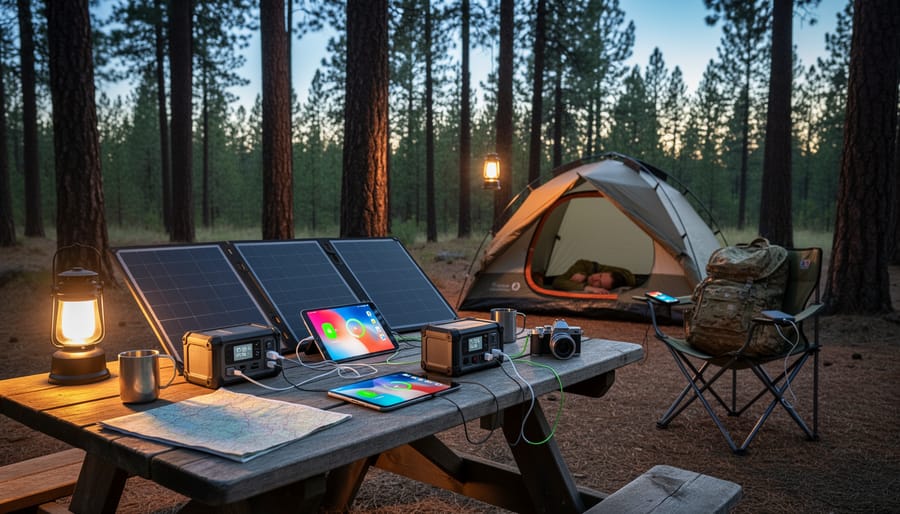 Camping lantern and solar power station on a campsite table outdoors.