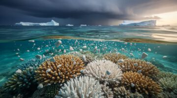 Bleached coral reef in shallow tropical water with a stormy sky and distant polar ice formations, symbolizing climate tipping points.