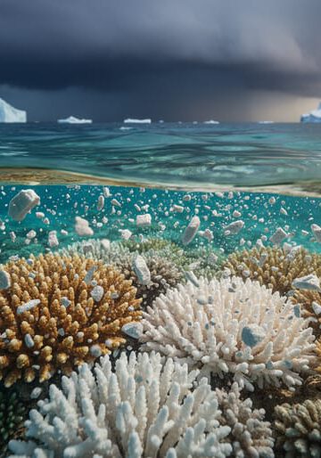 Bleached coral reef in shallow tropical water with a stormy sky and distant polar ice formations, symbolizing climate tipping points.
