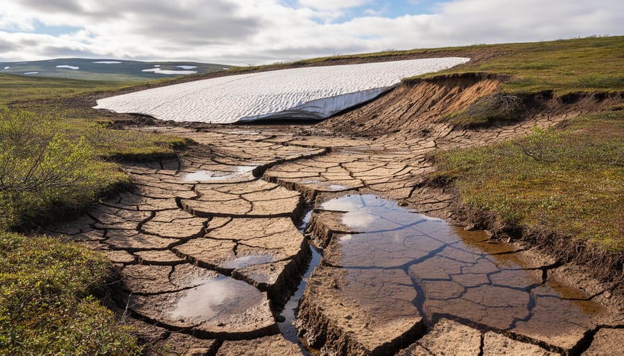 Ground-level view of cracked Arctic permafrost with exposed ice and dark thawed soil fissures.