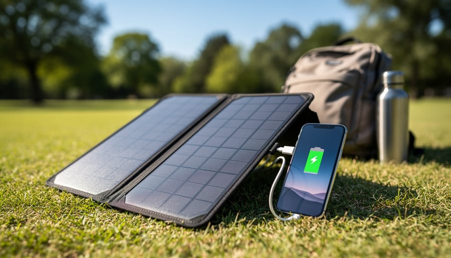 Person using a portable solar panel to charge a smartphone outdoors.