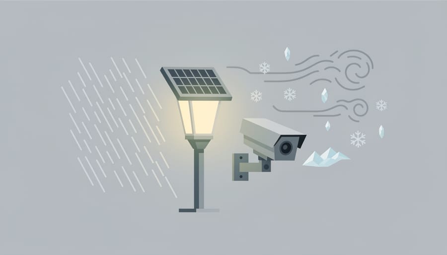 Solar outdoor light and security device in a rainy garden at dusk.