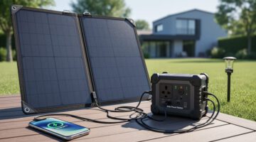Foldable solar panel and portable battery charging a smartphone and garden light in a sunlit backyard, with a house and trees softly blurred in the background.