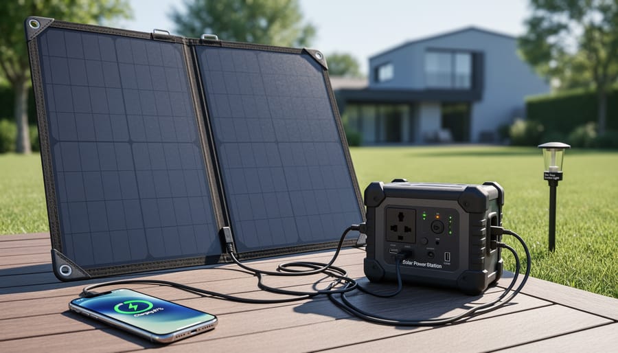 Foldable solar panel and portable battery charging a smartphone and garden light in a sunlit backyard, with a house and trees softly blurred in the background.