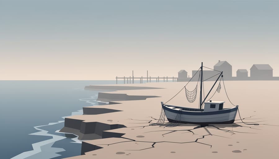 Boat left stranded near an eroded coastline in a coastal harbor at dusk with choppy water in the distance.