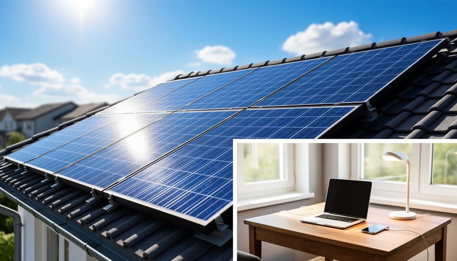Close view of solar panels angled toward sunlight on a residential roof.