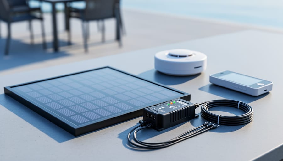 Close-up of a compact 9-volt solar panel kit on a workbench next to a smoke detector and small electronics under natural light.