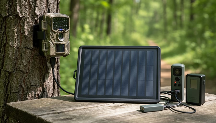 9V solar panel kit laid on grass with a small power bank and trail camera for outdoor power use