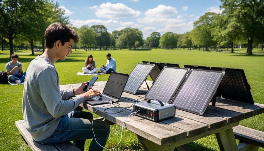Person connecting a cable to a portable solar generator during golden hour outdoor camping