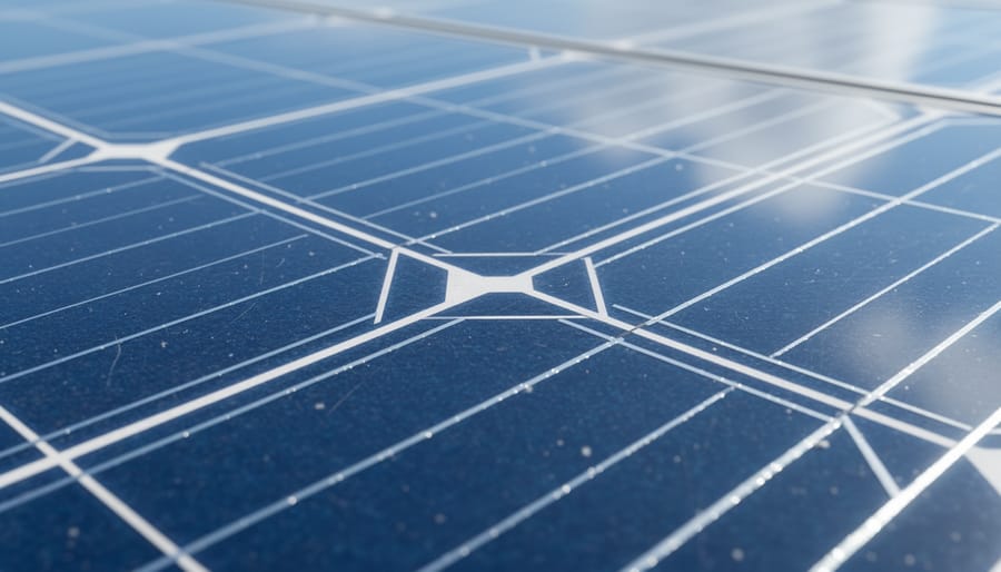 Close-up of a solar panel surface showing detailed cell grid and smooth glass
