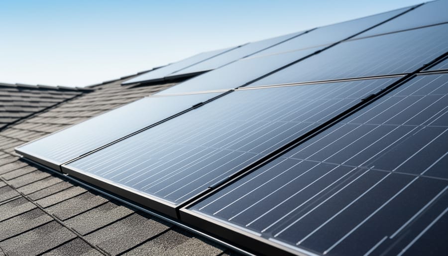 Close-up view of a rooftop solar panel array with reflective glass under a bright sky, representing Q CELLS photovoltaic technology.