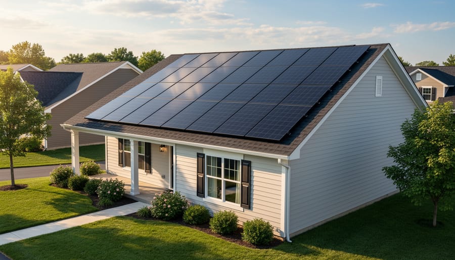 Modern solar panels mounted on a residential roof under bright sunlight